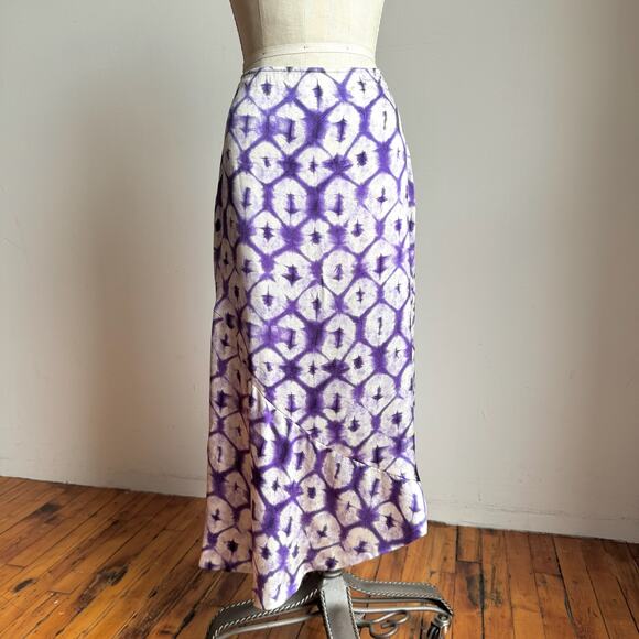 100% Silk JOSEPH Purple/White Tie-Dye Asymmetrical Midi Skirt - Picture 2 of 8